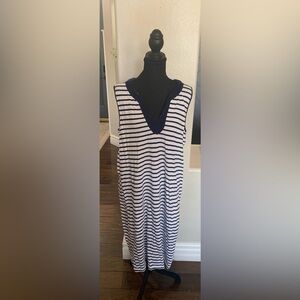 Lands' End Navy and White Striped Midi Dress